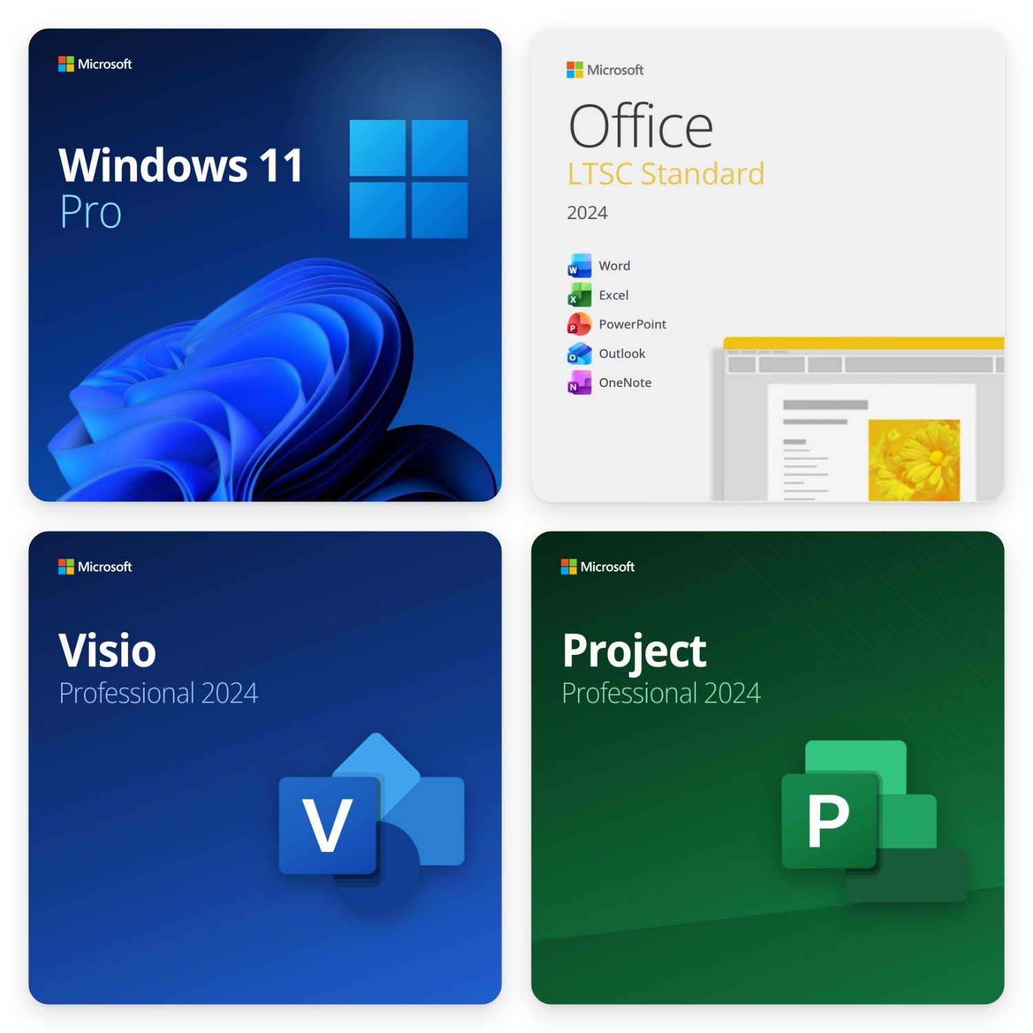 bundle-windows-11-pro-office-2024-standard-visio-2024-project-2024-grid Bundle Windows 11 Pro + Office 2024 Standard + Visio 2024 Professional + Project 2024 Professional – Licenze a Vita | Product Key Digitali - immagine 1